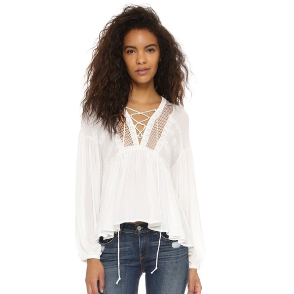 Free People Don’t Let Go cream white long balloon sleeve boho peasant top XS - Picture 2 of 11